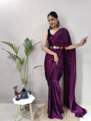 Dark rani pink plain pre-stitched ready to wear art silk saree with blouse 2