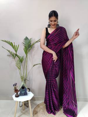 Dark rani pink plain pre-stitched ready to wear art silk saree with blouse 4