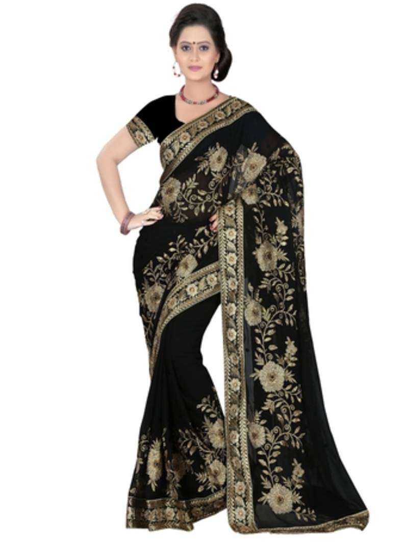 Women's Georgette Black Embroidered Designer Saree With Blouse Piece