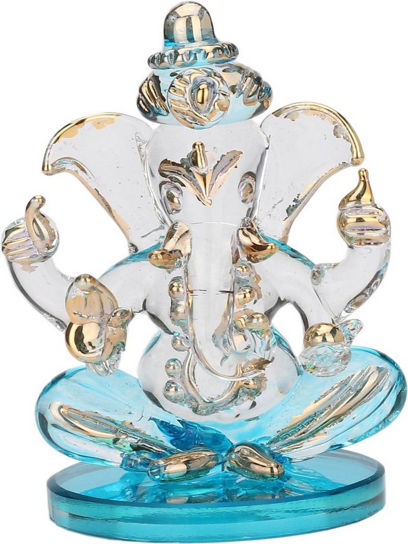 Blessing Spiritual Turquoise Ganesha, Gold Polished Showpiece Statue