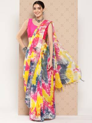 Multicolor printed cotton silk saree with blouse 1