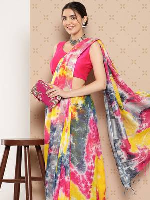 Multicolor printed cotton silk saree with blouse 3
