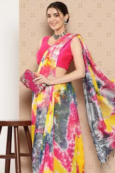 Multicolor printed cotton silk saree with blouse