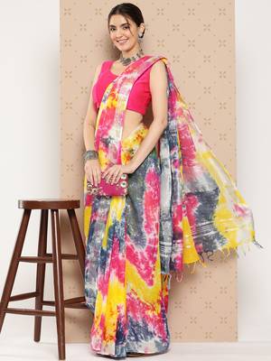 Multicolor printed cotton silk saree with blouse 5