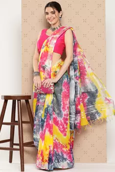 Multicolor printed cotton silk saree with blouse