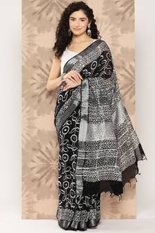 Black printed cotton saree with blouse