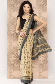 Beige printed cotton saree with blouse