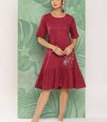 Maroon embroidered viscose rayon long-dresses