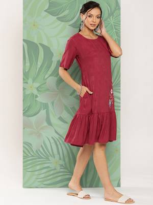 Maroon embroidered viscose rayon long-dresses 2