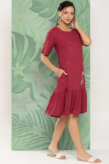 Maroon embroidered viscose rayon long-dresses