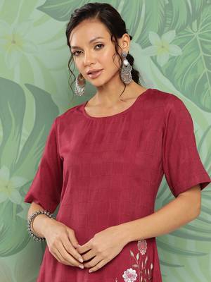 Maroon embroidered viscose rayon long-dresses 4