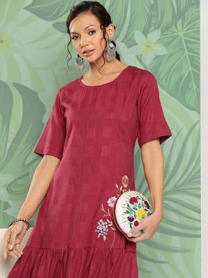 Maroon embroidered viscose rayon long-dresses 5