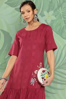 Maroon embroidered viscose rayon long-dresses