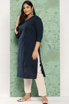 Blue embroidered cotton ethnic-kurtis