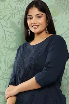 Blue embroidered cotton ethnic-kurtis