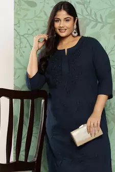 Blue embroidered cotton ethnic-kurtis