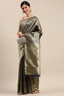 Black Woven Banarasi silk blend Saree With Blouse