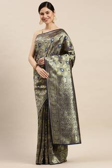 Black Woven Banarasi silk blend Saree With Blouse