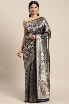 Black Woven Banarasi silk blend Saree With Blouse