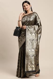 Black Woven Banarasi silk blend Saree With Blouse