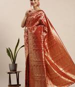 Red Woven Banarasi silk blend Saree With Blouse