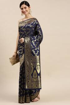 Blue Woven Banarasi silk blend Saree With Blouse