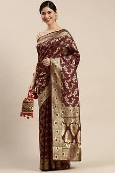 Maroon Woven Banarasi silk blend Saree With Blouse