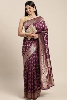 Purple Woven Banarasi silk blend Saree With Blouse