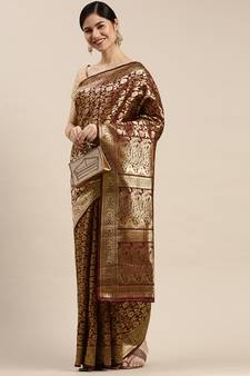 Maroon Woven Banarasi silk blend Saree With Blouse