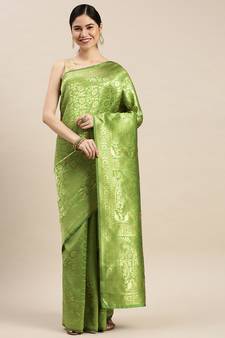 Green Woven Banarasi silk blend Saree With Blouse