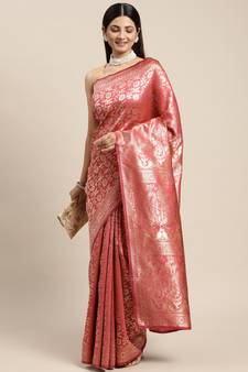 Pink Woven Banarasi silk blend Saree With Blouse