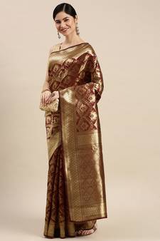Maroon Woven Banarasi silk blend Saree With Blouse