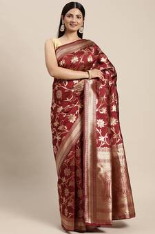 Maroon Woven Banarasi silk blend Saree With Blouse