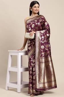 Purple Woven Banarasi silk blend Saree With Blouse