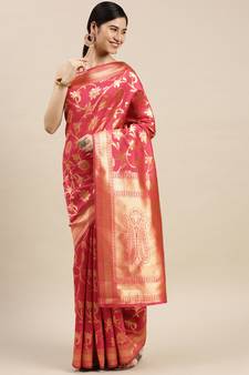 Pink Woven Banarasi silk blend Saree With Blouse