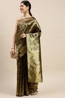 Black Woven Banarasi silk blend Saree With Blouse