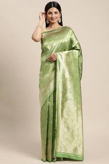 Green Woven Banarasi silk blend Saree With Blouse