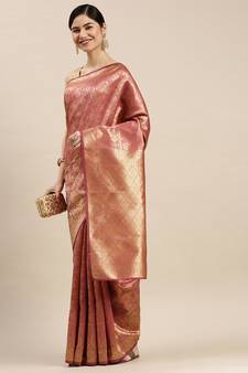 Pink Woven Banarasi silk blend Saree With Blouse
