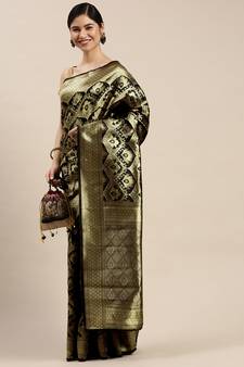 Black Woven Banarasi silk blend Saree With Blouse