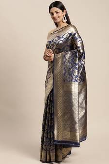 Blue Woven Banarasi silk blend Saree With Blouse