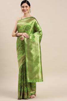 Green Woven Banarasi silk blend Saree With Blouse