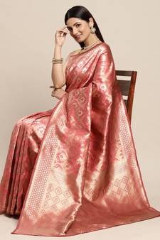 Pink Woven Banarasi silk blend Saree With Blouse