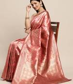 Pink Woven Banarasi silk blend Saree With Blouse
