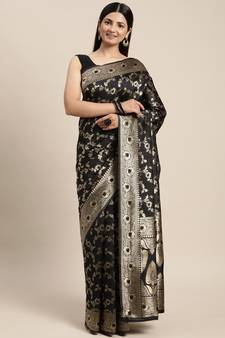 Black Woven Banarasi silk blend Saree With Blouse