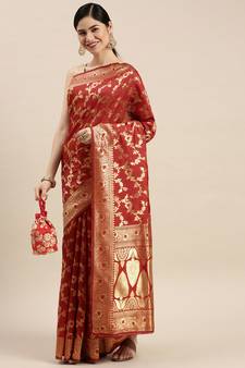 Red Woven Banarasi silk blend Saree With Blouse