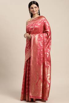 Pink Woven Banarasi silk blend Saree With Blouse