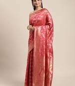 Pink Woven Banarasi silk blend Saree With Blouse