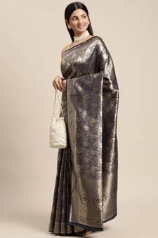 Blue Woven Banarasi silk blend Saree With Blouse