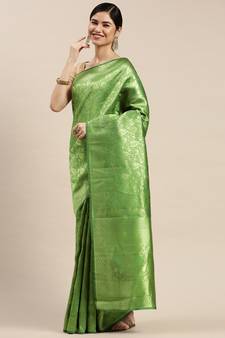 Green Woven Banarasi silk blend Saree With Blouse