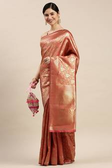 Pink Woven Banarasi silk blend Saree With Blouse